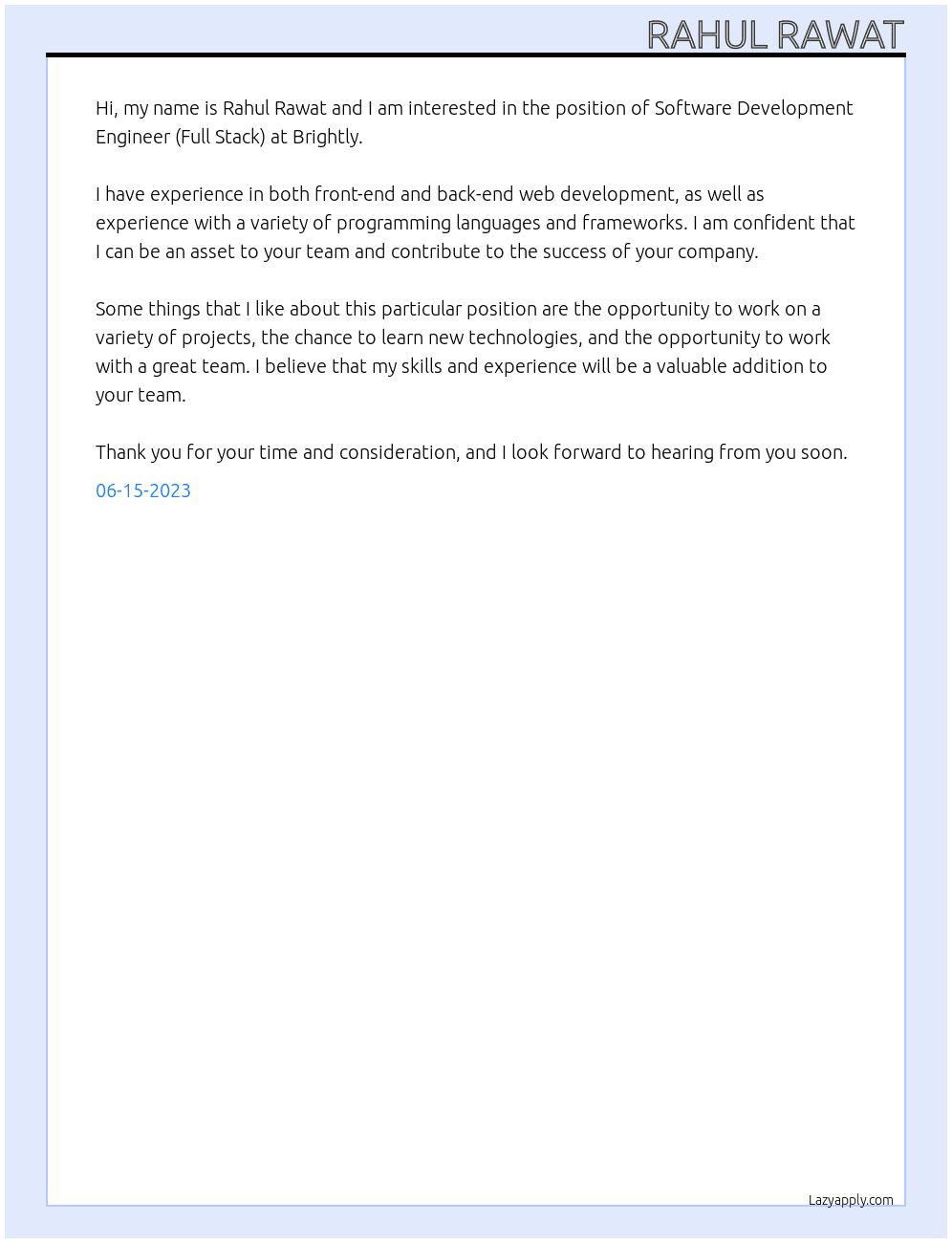 Software Development Engineer (Full Stack) At Brightly Cover Letter
