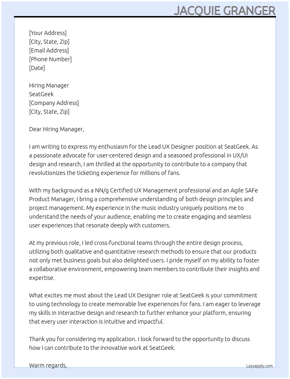 Cover letter for lead ux designer - LazyApply