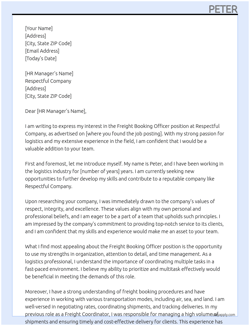 Freight Booking Officer At Respectful company Cover Letter