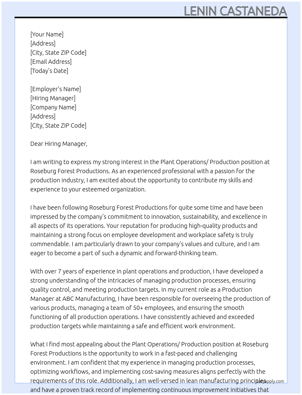 Plant Operations/ Production At Roseburg Forest Productions  Cover Letter