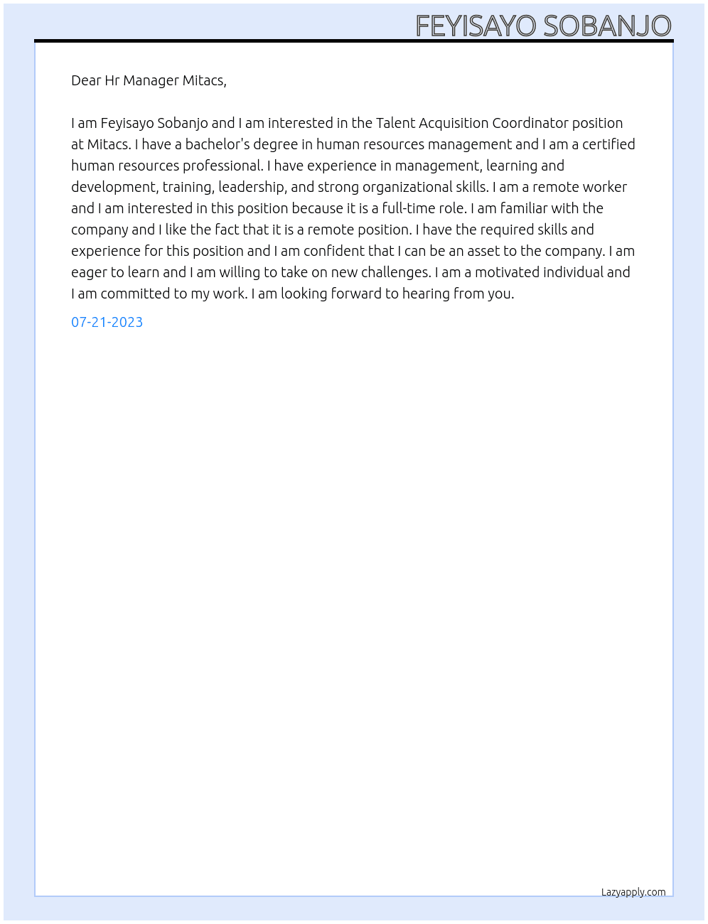 Talent Acquisition Coordinator At Mitacs Cover Letter