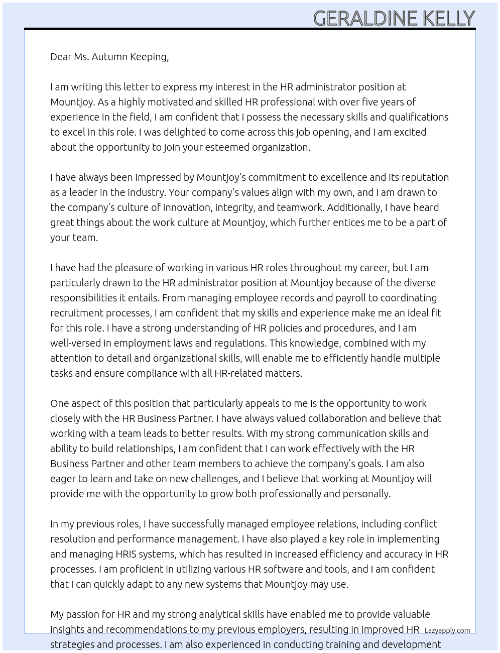 HR administrator At Mountjoy Cover Letter