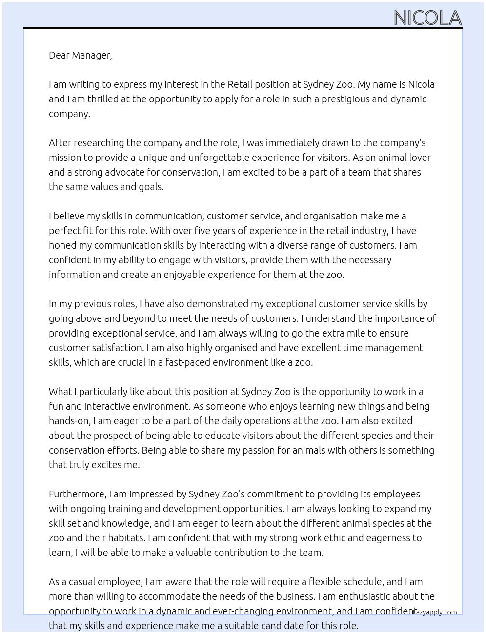 Retail At Sydney zoo Cover Letter