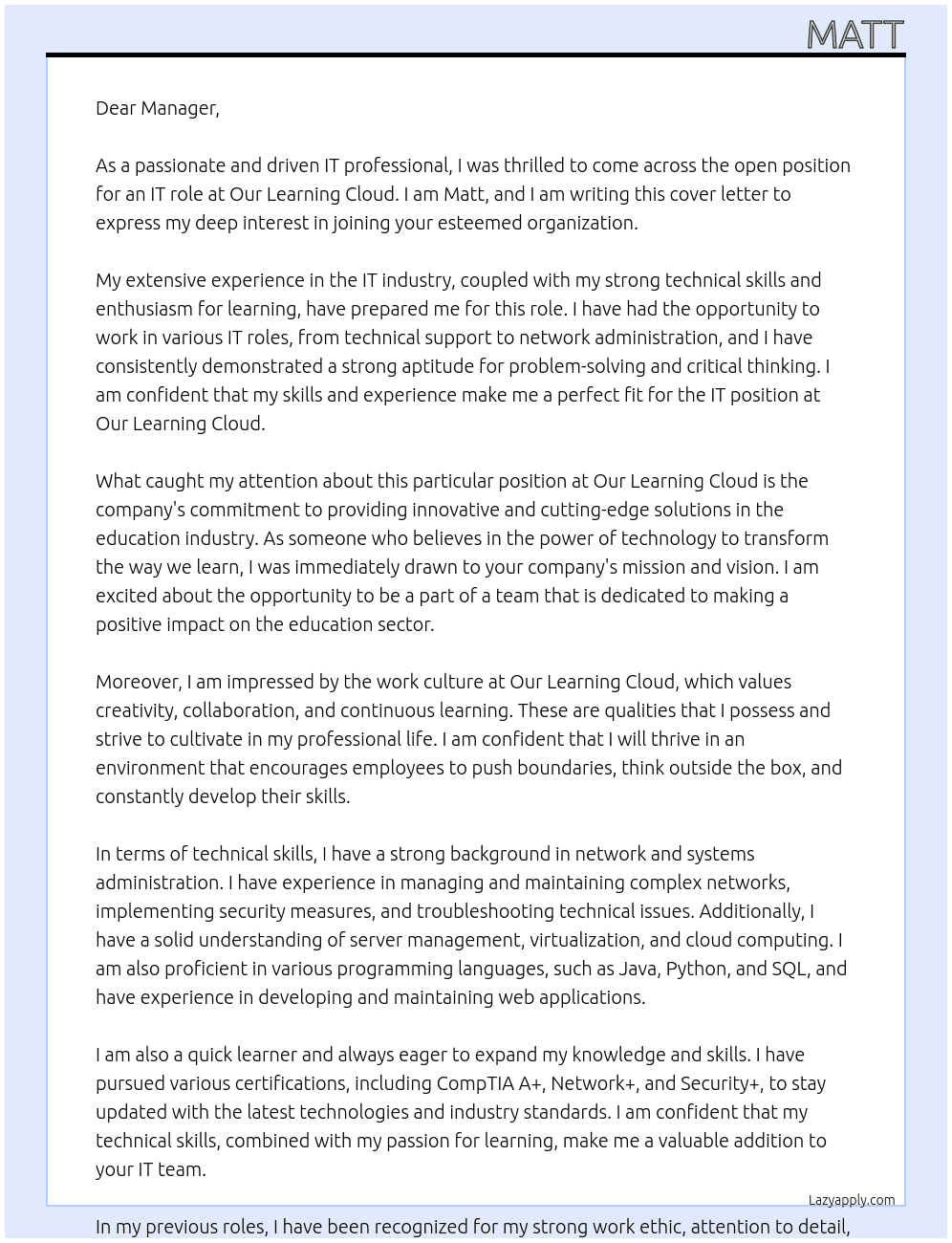 IT At Our Learning Cloud Cover Letter