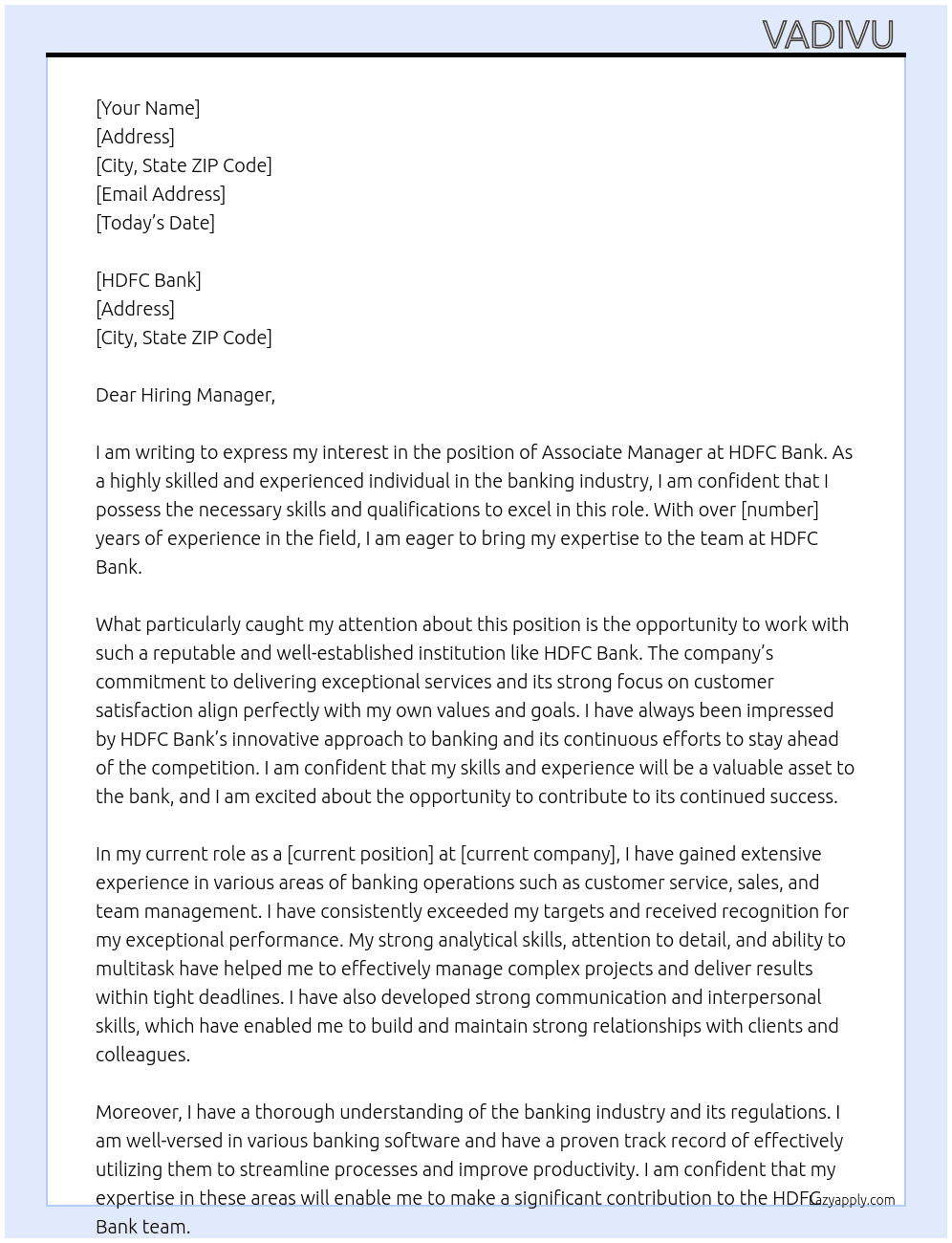 Associate manager  At Idfc bank  Cover Letter