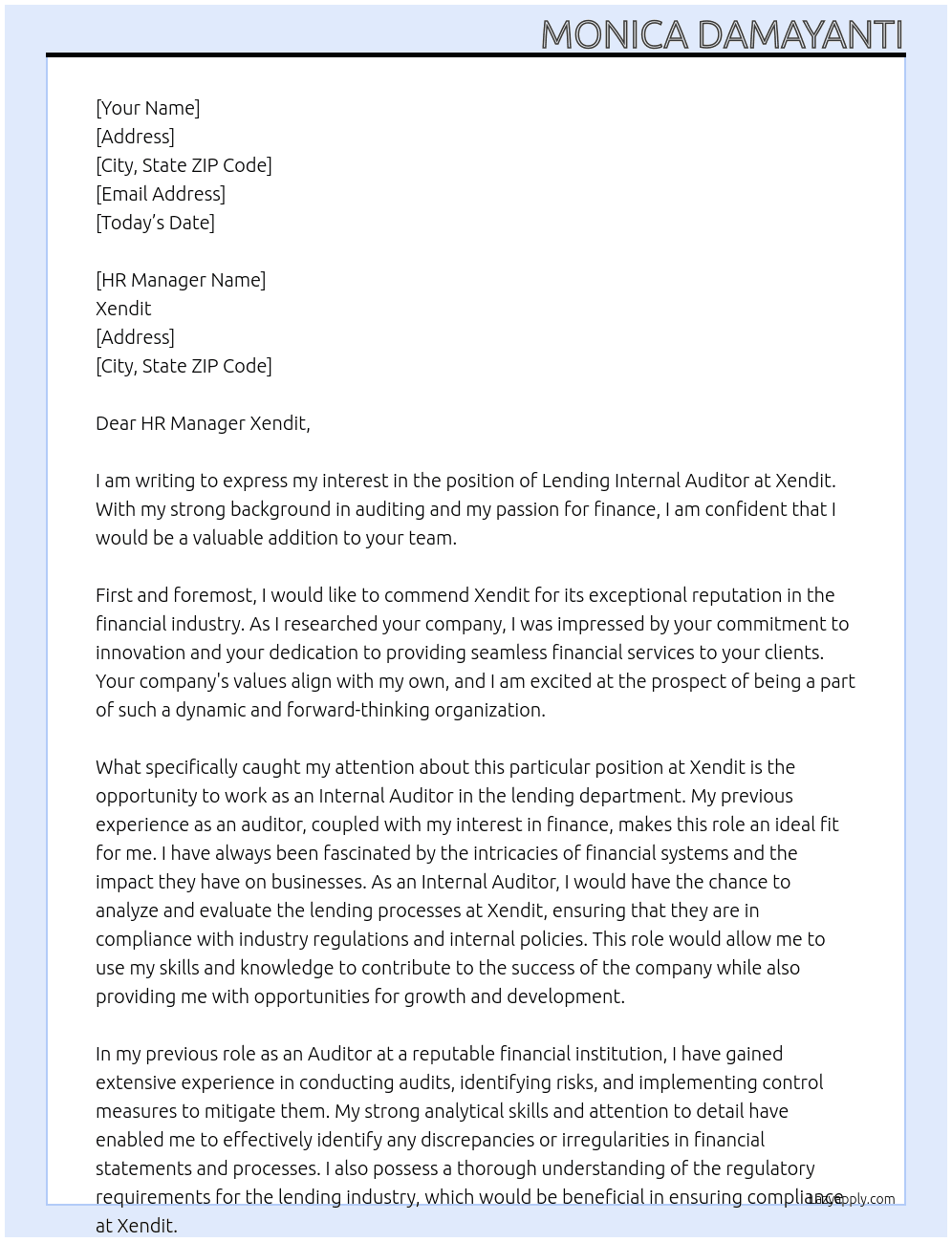 Lending Internal Auditor At Xendit Cover Letter