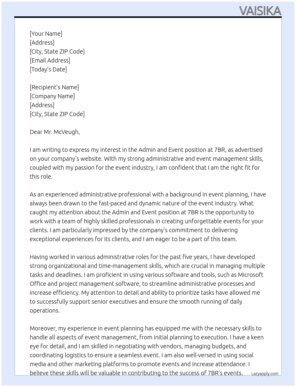 admin and event  At 7BR Cover Letter