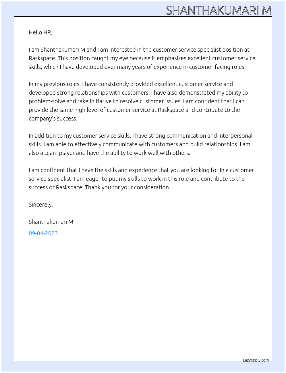 Customer service specialist At Raskspace Cover Letter