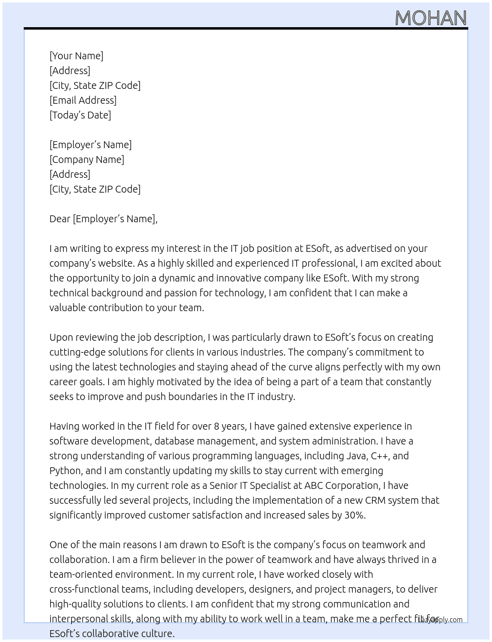 It job At ESoft  Cover Letter
