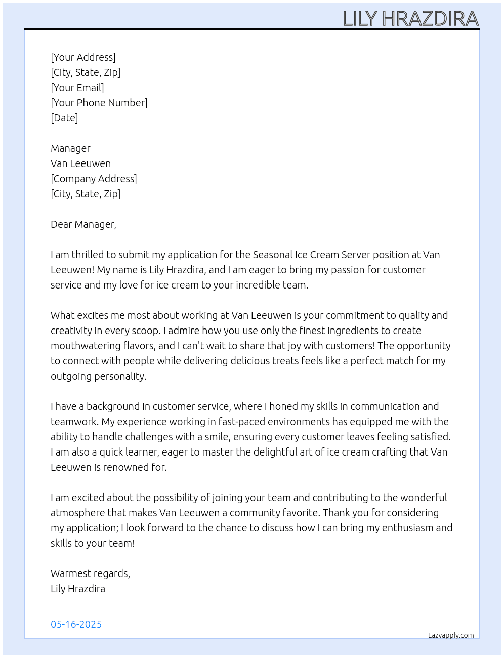 Seasonal ice cream server At Van Leeuwen Cover Letter
