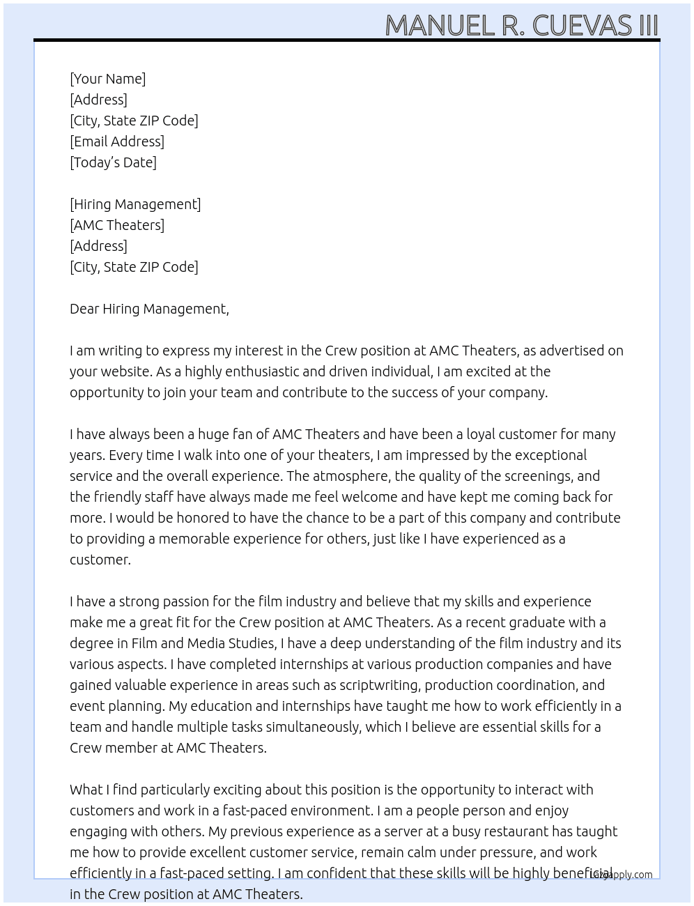 Crew  At AMC Theaters Cover Letter