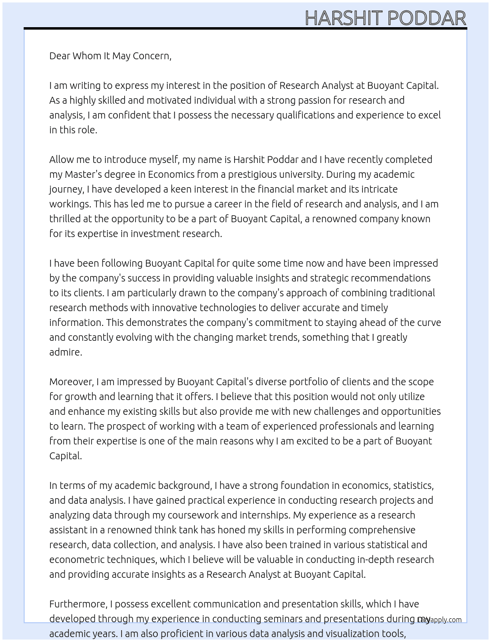 Research Analyst At Buoyant Capital Cover Letter