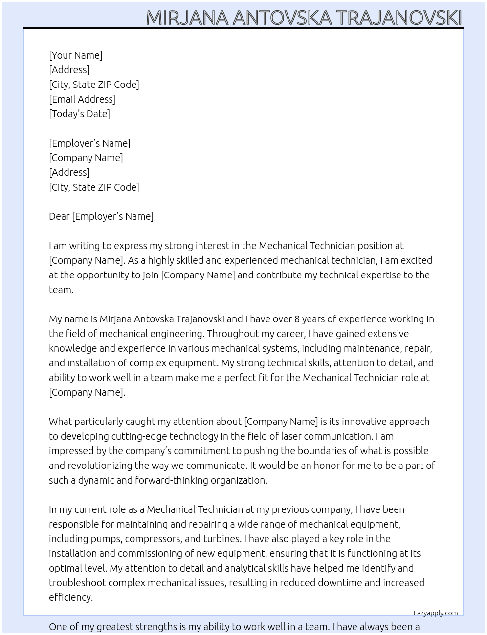 Mechanical Technician At Mynaric Cover Letter