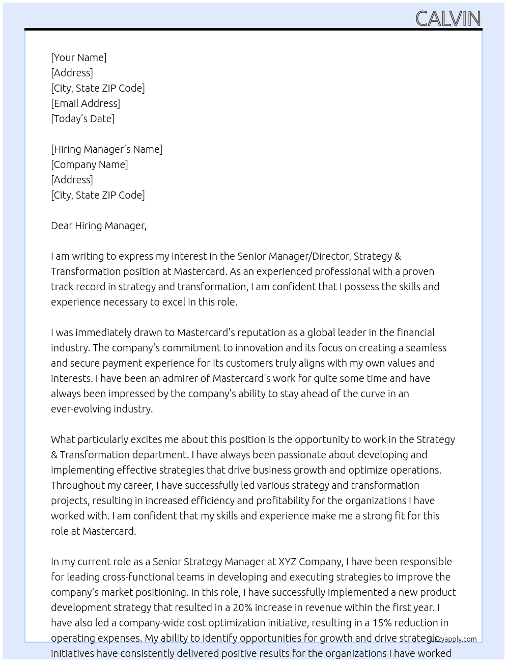 Cover letter for enior manager/director, strategy & transformation - LazyApply
