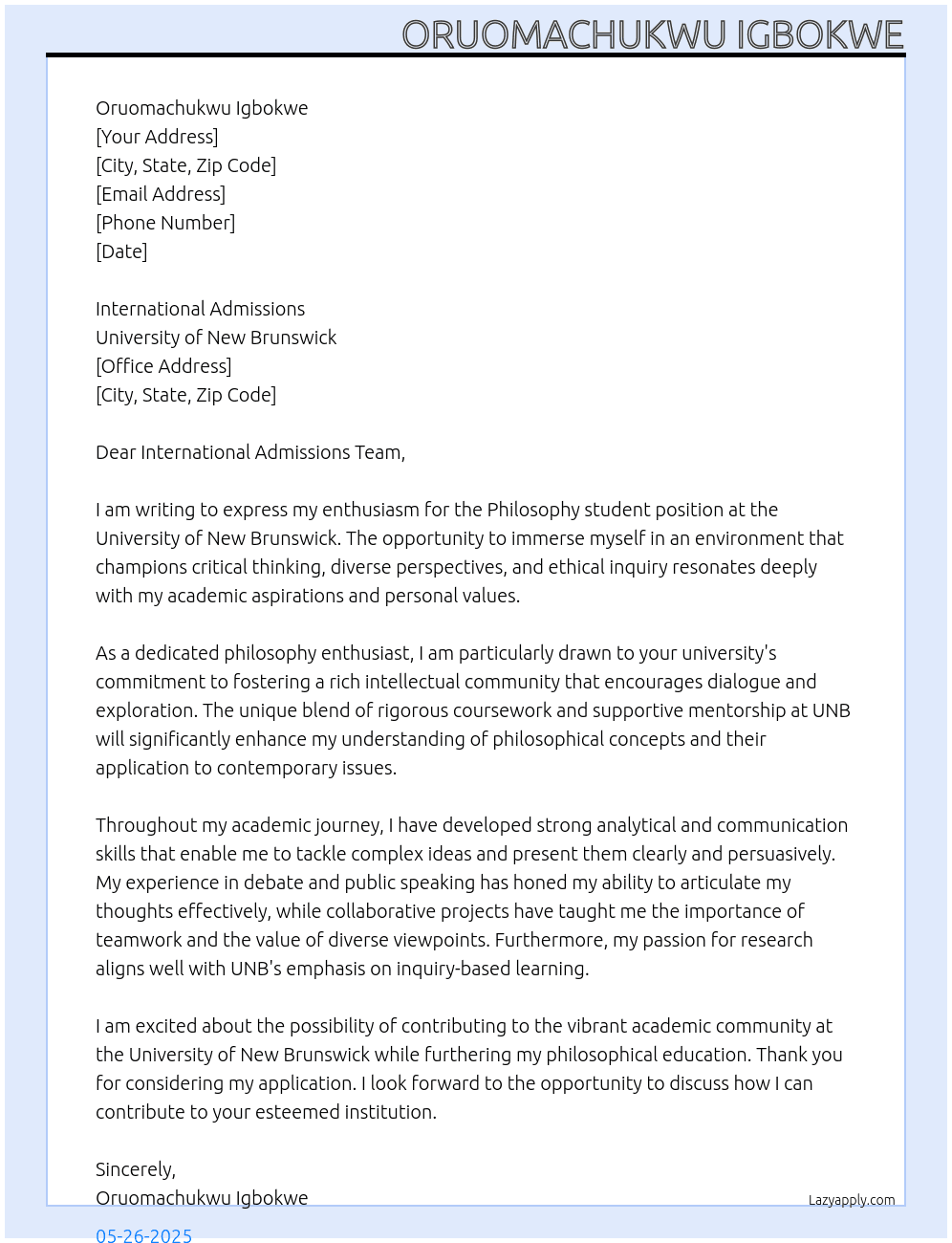 Philosophy student At University of New Brunswick Cover Letter