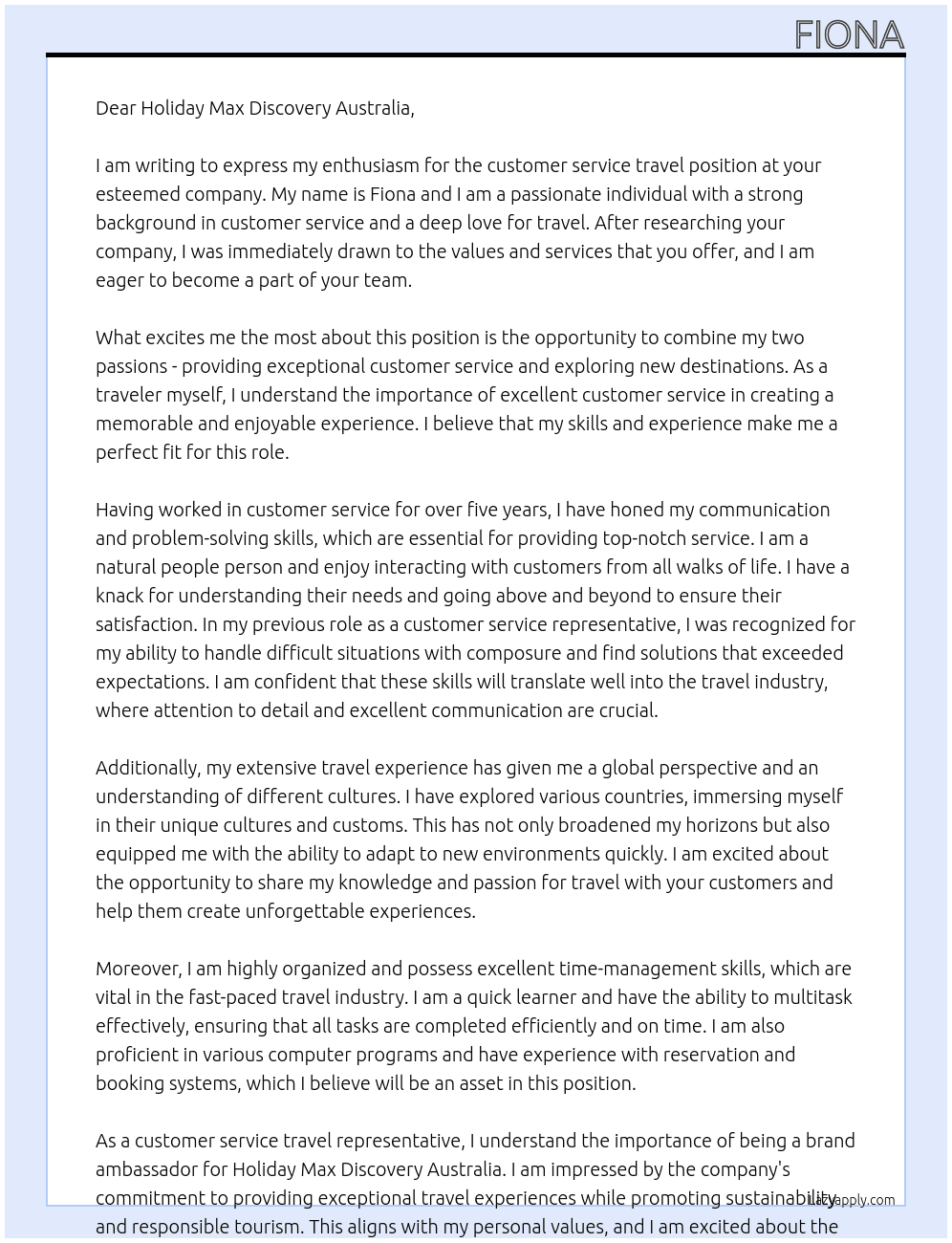 customer service travel At Holiday max discovery Australia Cover Letter