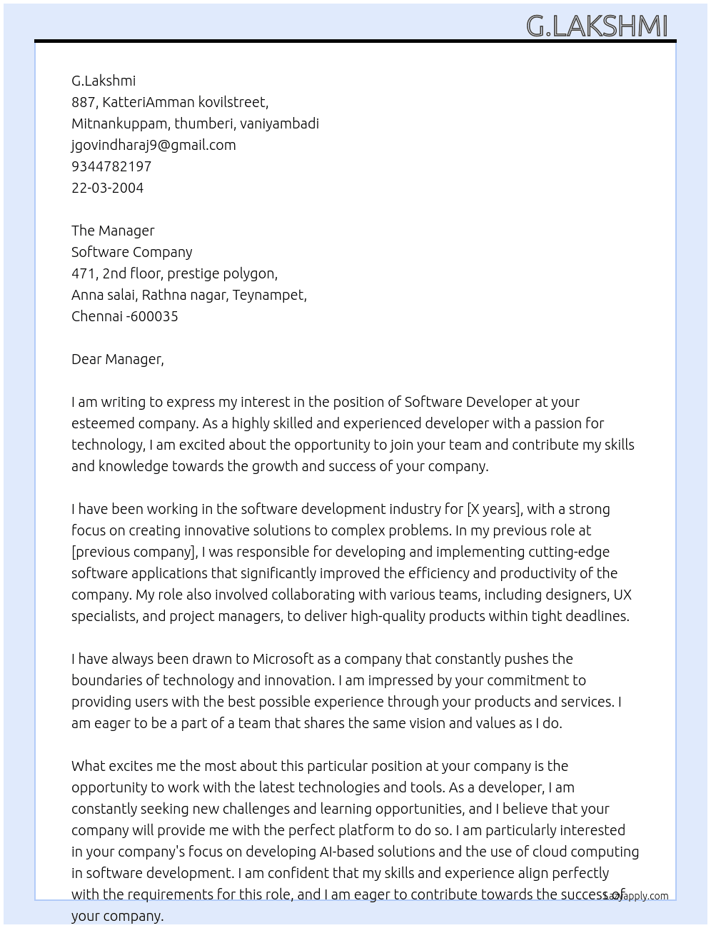 Software developer  At Software company  Cover Letter