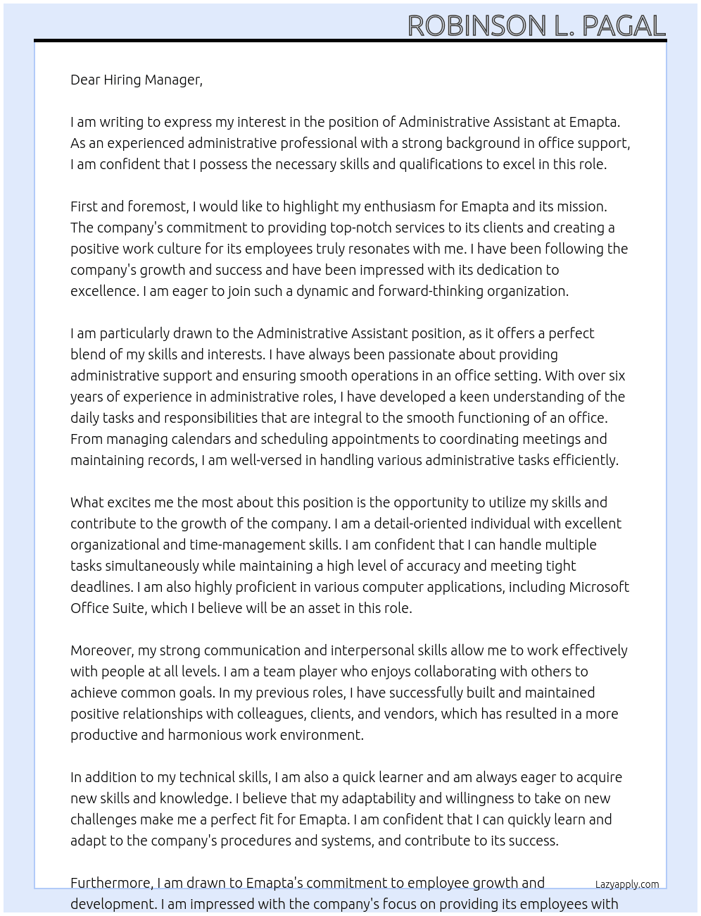 Administrative Assitant(Administration and Office Support) At Emapta Cover Letter