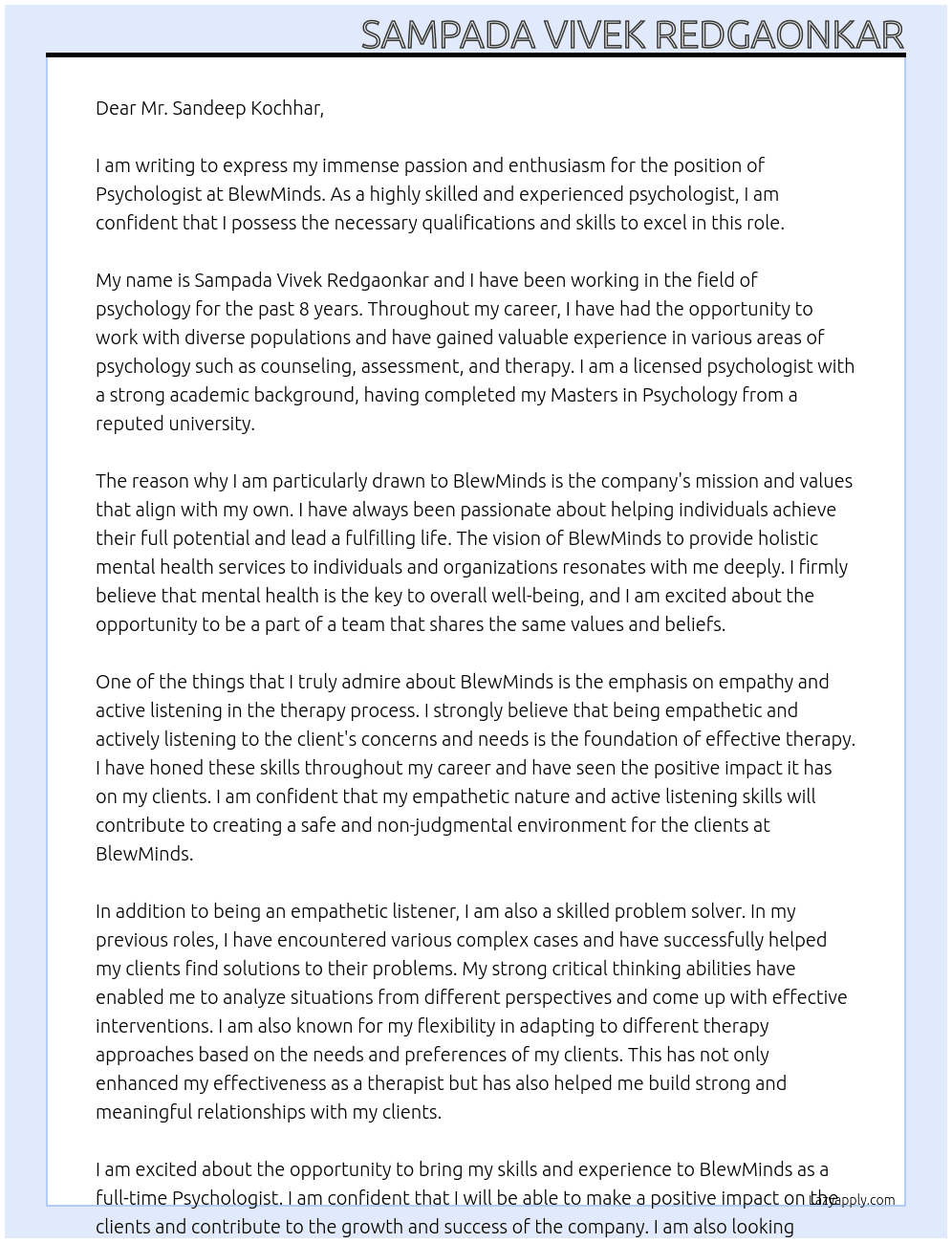 Psychologist  At BlewMinds Cover Letter