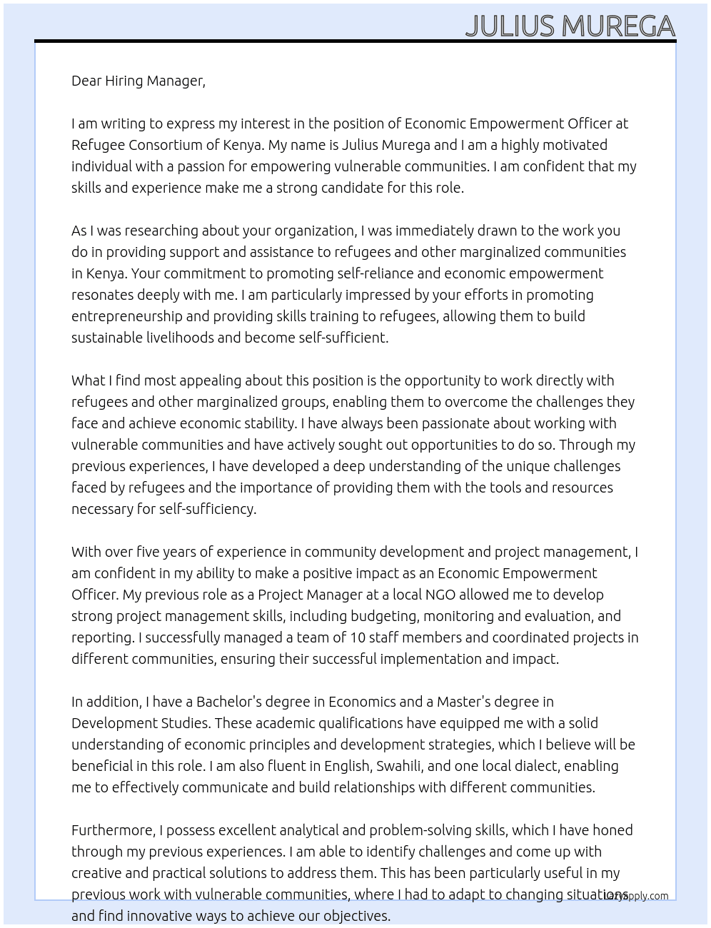 Application for Economic Empowerment Officer At Refugee Consortium of Kenya Cover Letter