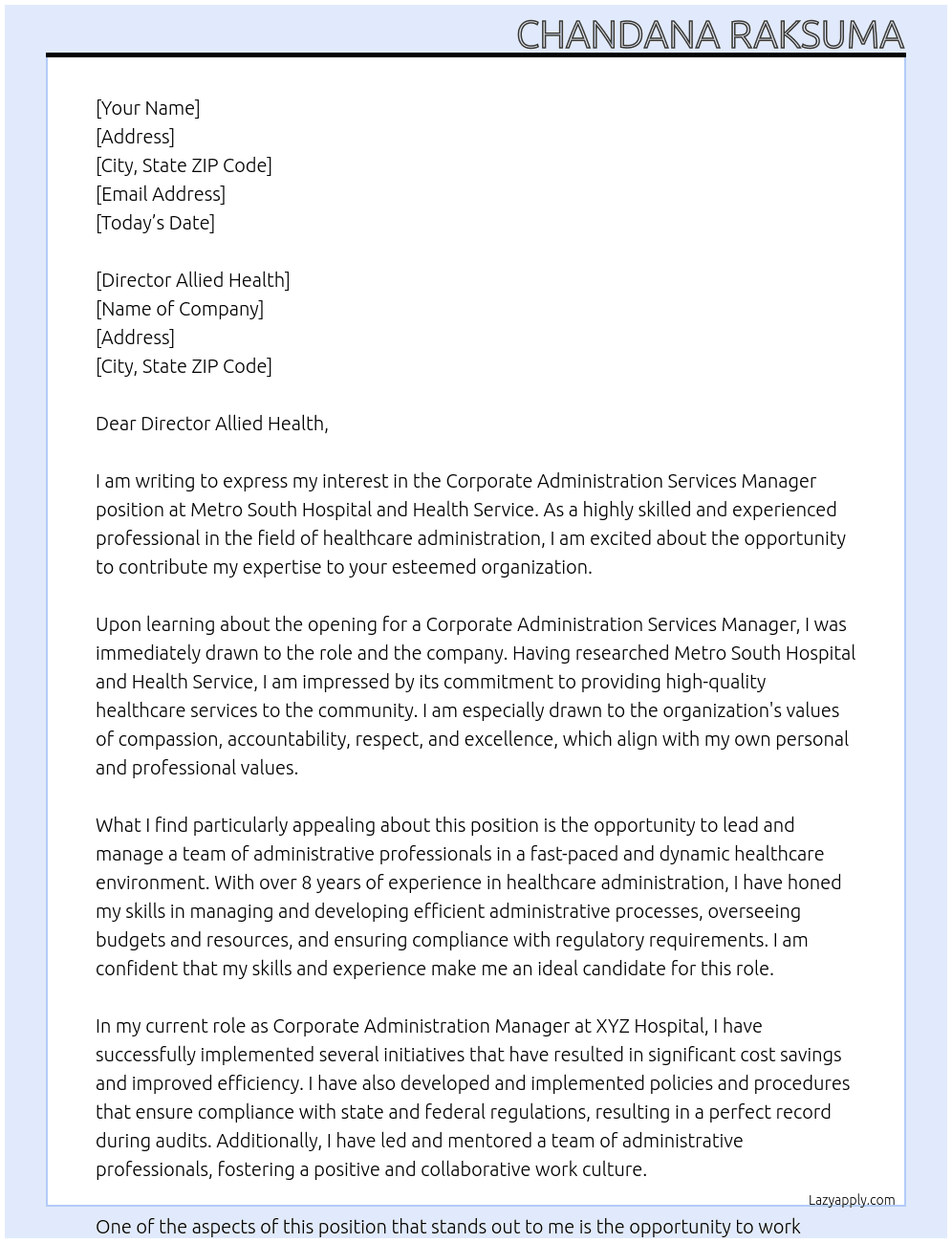 Corporate Administration Services Manager At  Metro South Hospital and Health Service Cover Letter