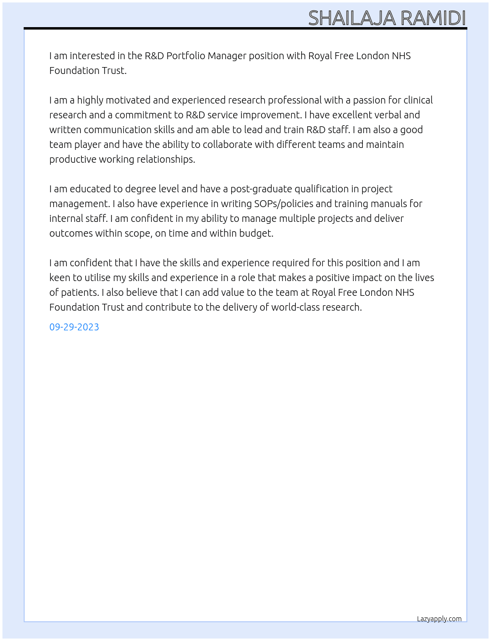 R&D Portfolio Manager At Royal Free London NHS Foundation Trust Cover Letter
