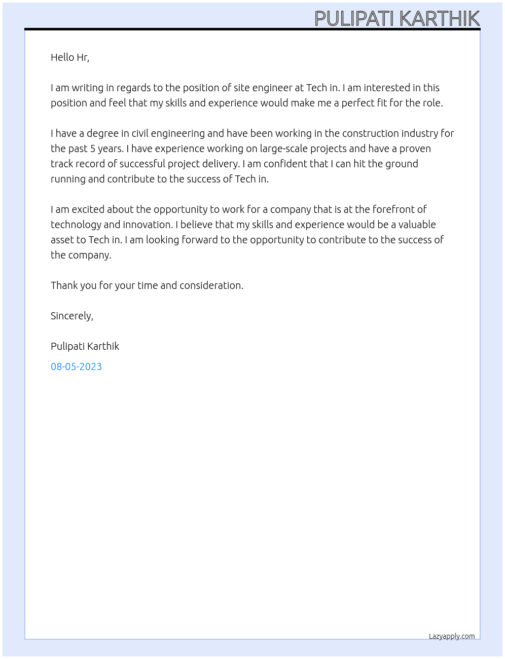 site engineeer At Tech in Cover Letter
