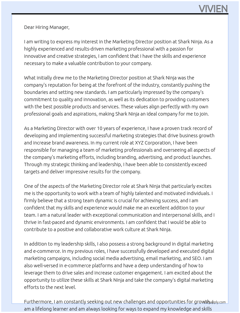 Marketing Director At Shark Ninja Cover Letter