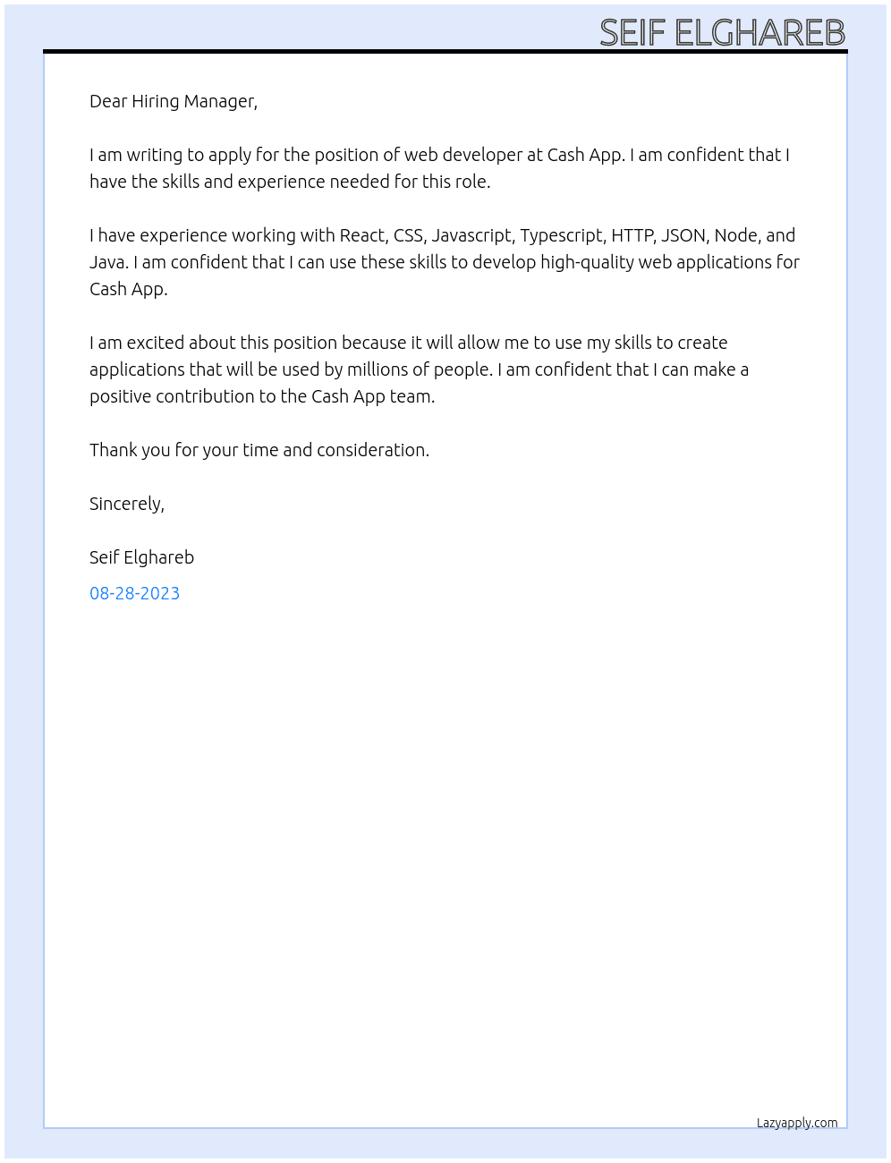 Web developer At Cash App Cover Letter