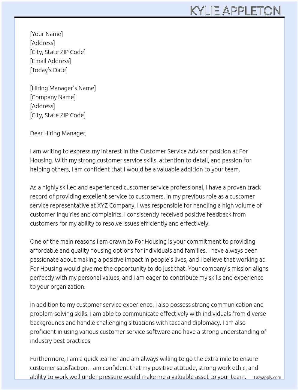 Customer service advisor  At For Housing Cover Letter