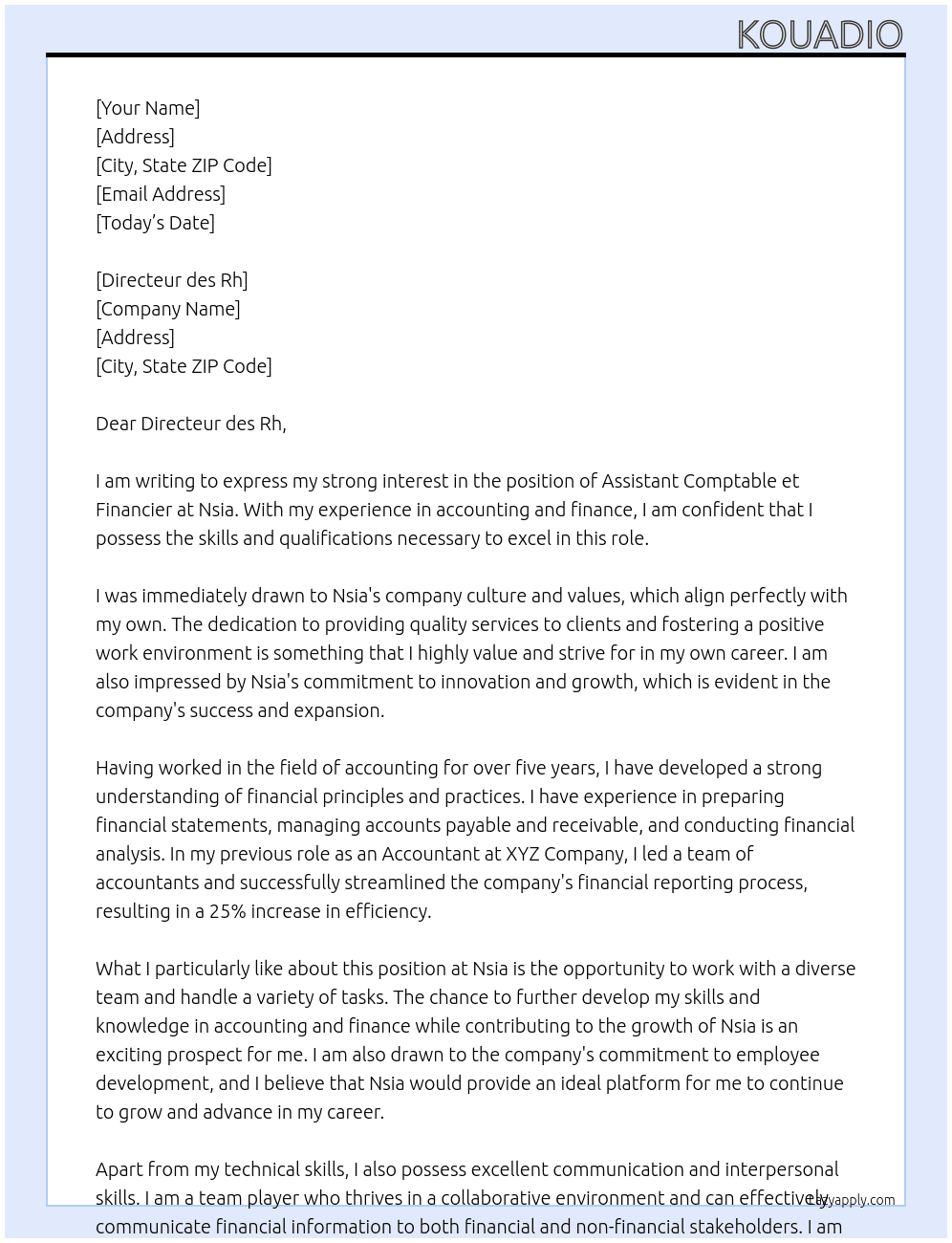 Assistant comptable et financier  At Nsia Cover Letter