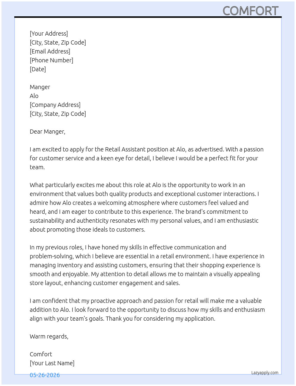 Retail Assistant  At Alo Cover Letter