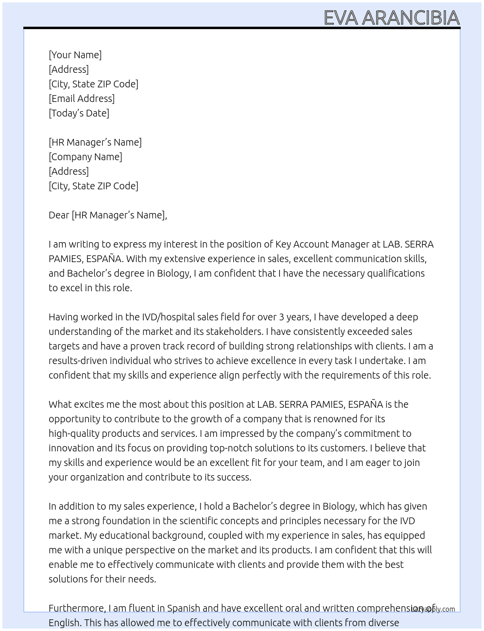 KEY ACCOUNT MANAGER At LAB. SERRA PAMIES, ESPAÑA Cover Letter