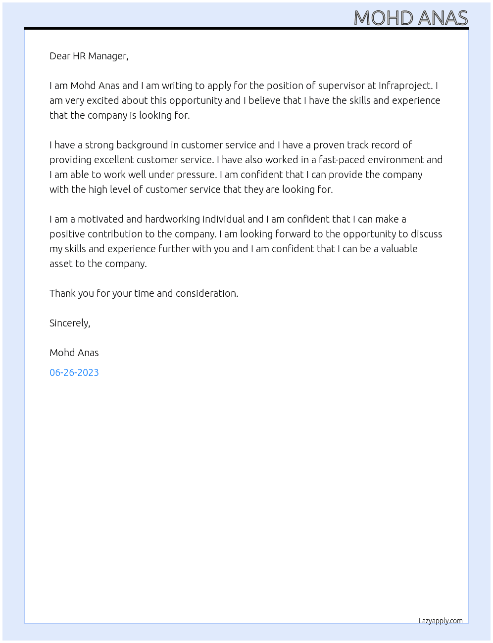 supervisor At infraproject Cover Letter
