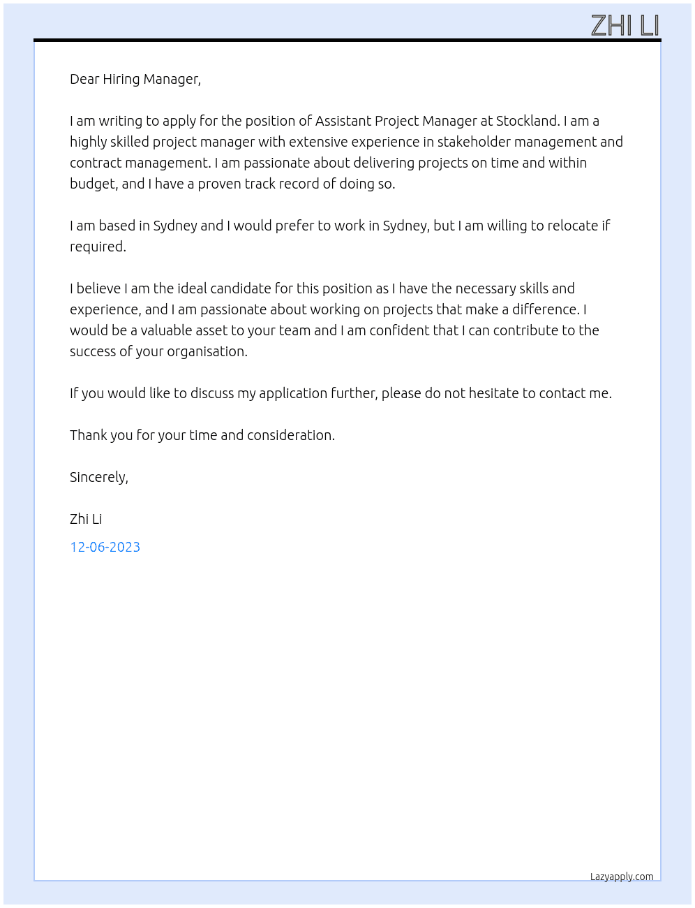 Assistant Project Manager At Stockland Cover Letter
