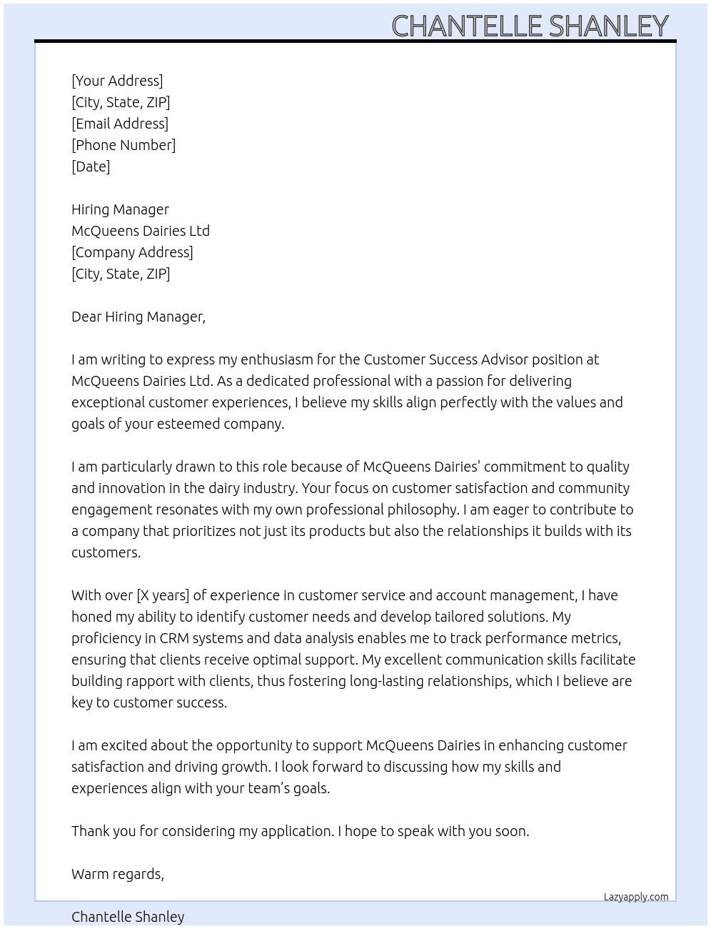 Customer Success Advisor  At McQueens Dairies Ltd Cover Letter