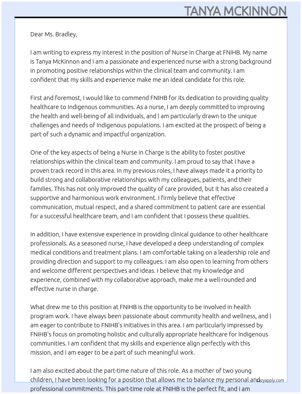 Nurse in charge At FNIHB Cover Letter