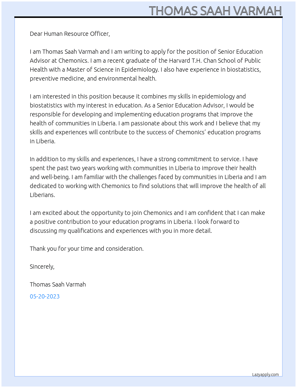 Senior Education Advisor At Chemonics Cover Letter