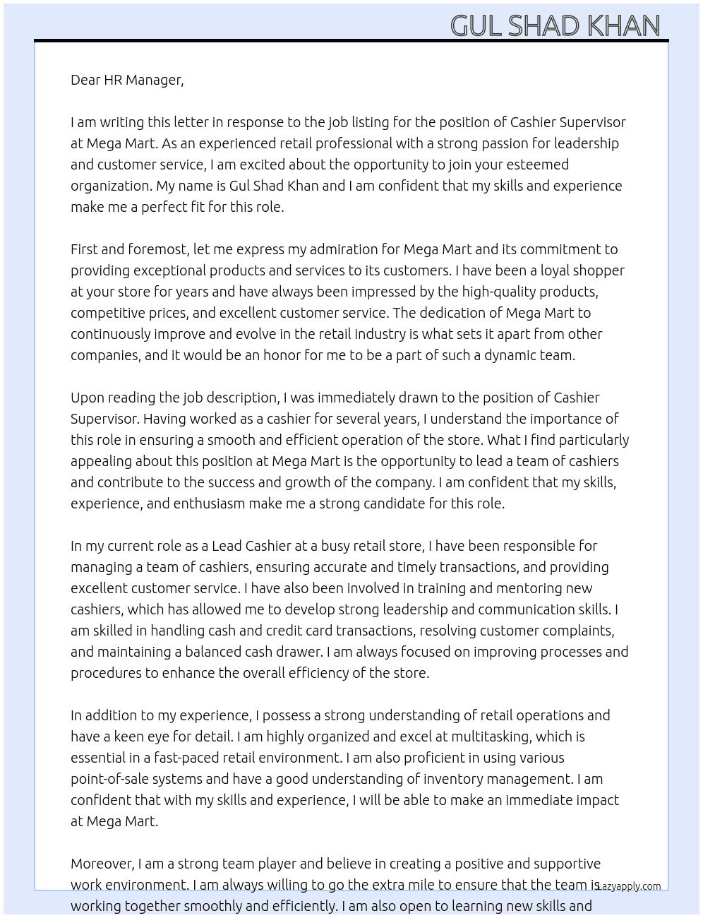 Cashier Supervisor  At Mega Mart Cover Letter