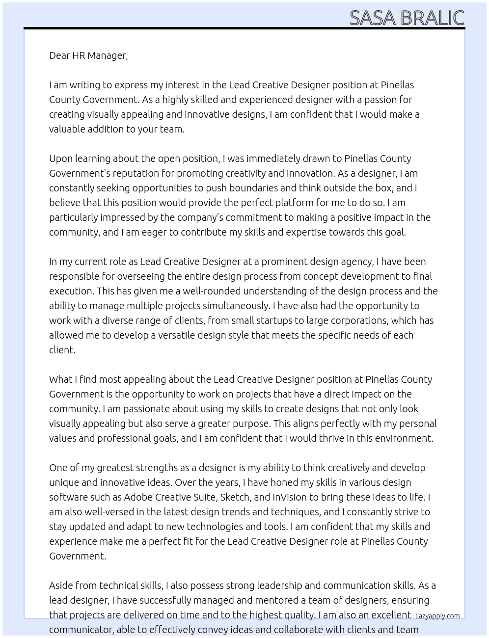 Lead Creative Designer At Pinellas County Government Cover Letter