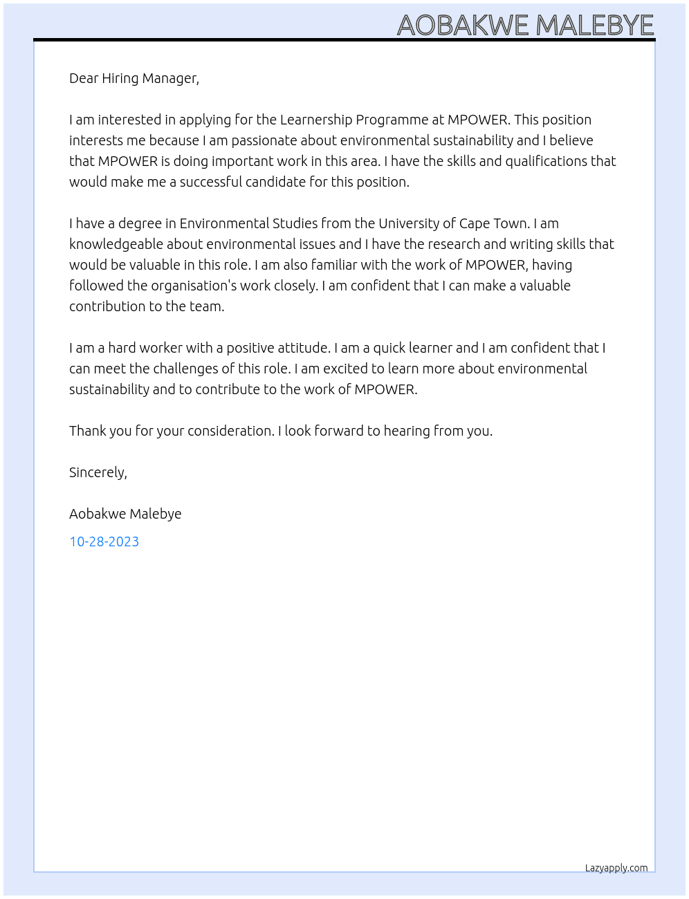 Learnership Programme At MPOWER Cover Letter