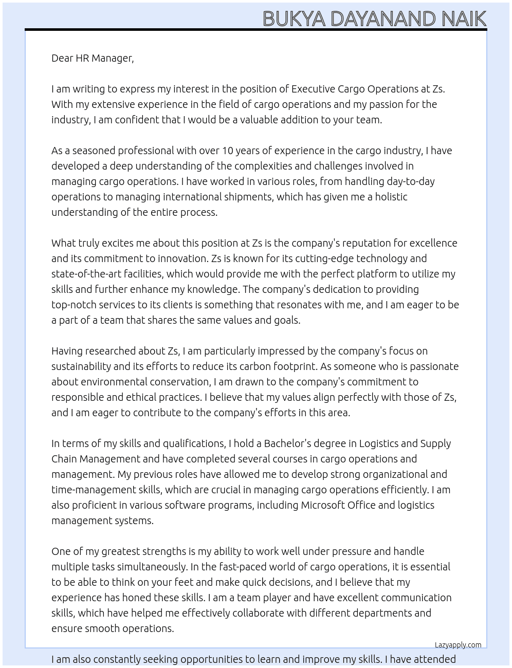 Executive cargo operations At Zs Cover Letter