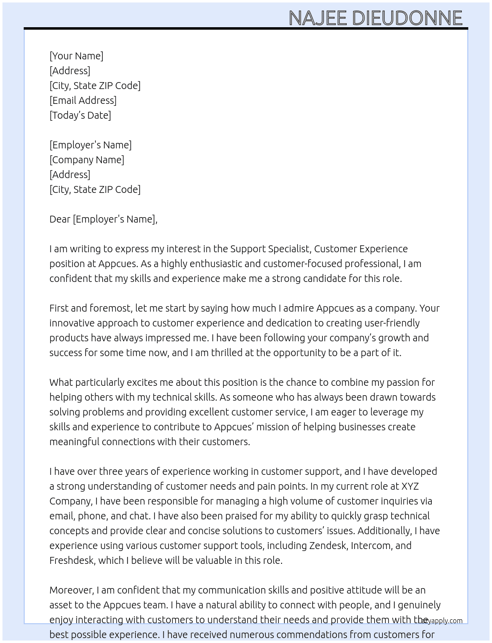 Support specialist, customer experience At Appcues Cover Letter