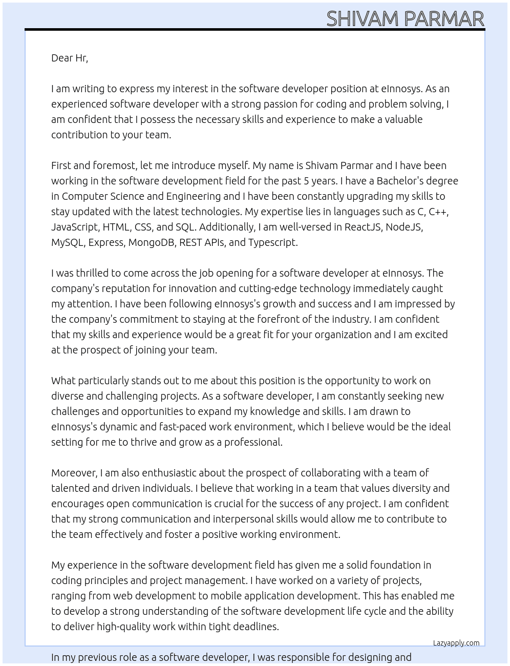 Software developer  At eInnosys Cover Letter
