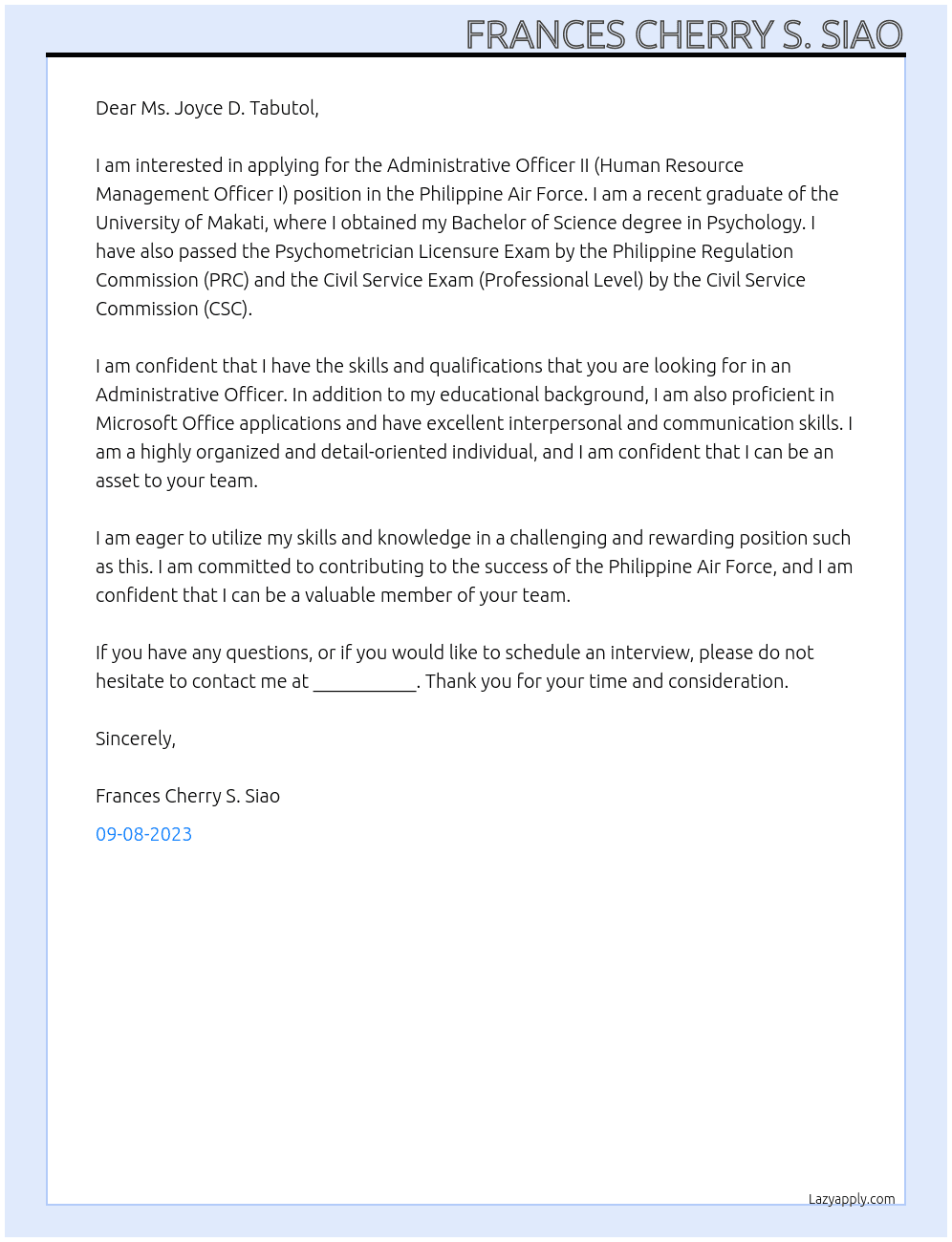 Administrative Officer II (Human Resource Management Officer I) At Philippine Air Force Cover Letter