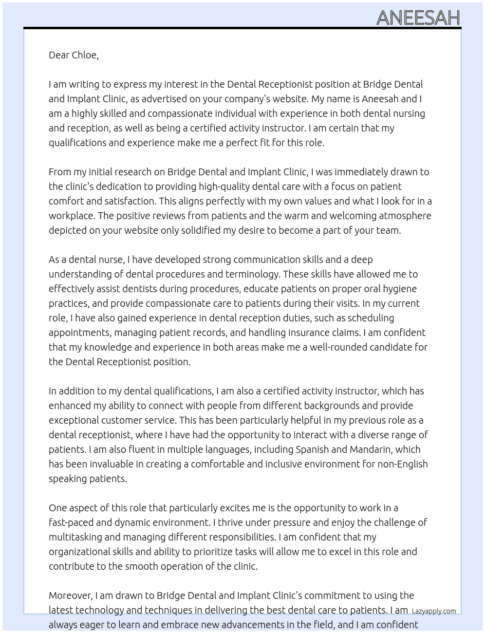 Dental Reception is At Bridge Dental and Implant clinic4 Cover Letter