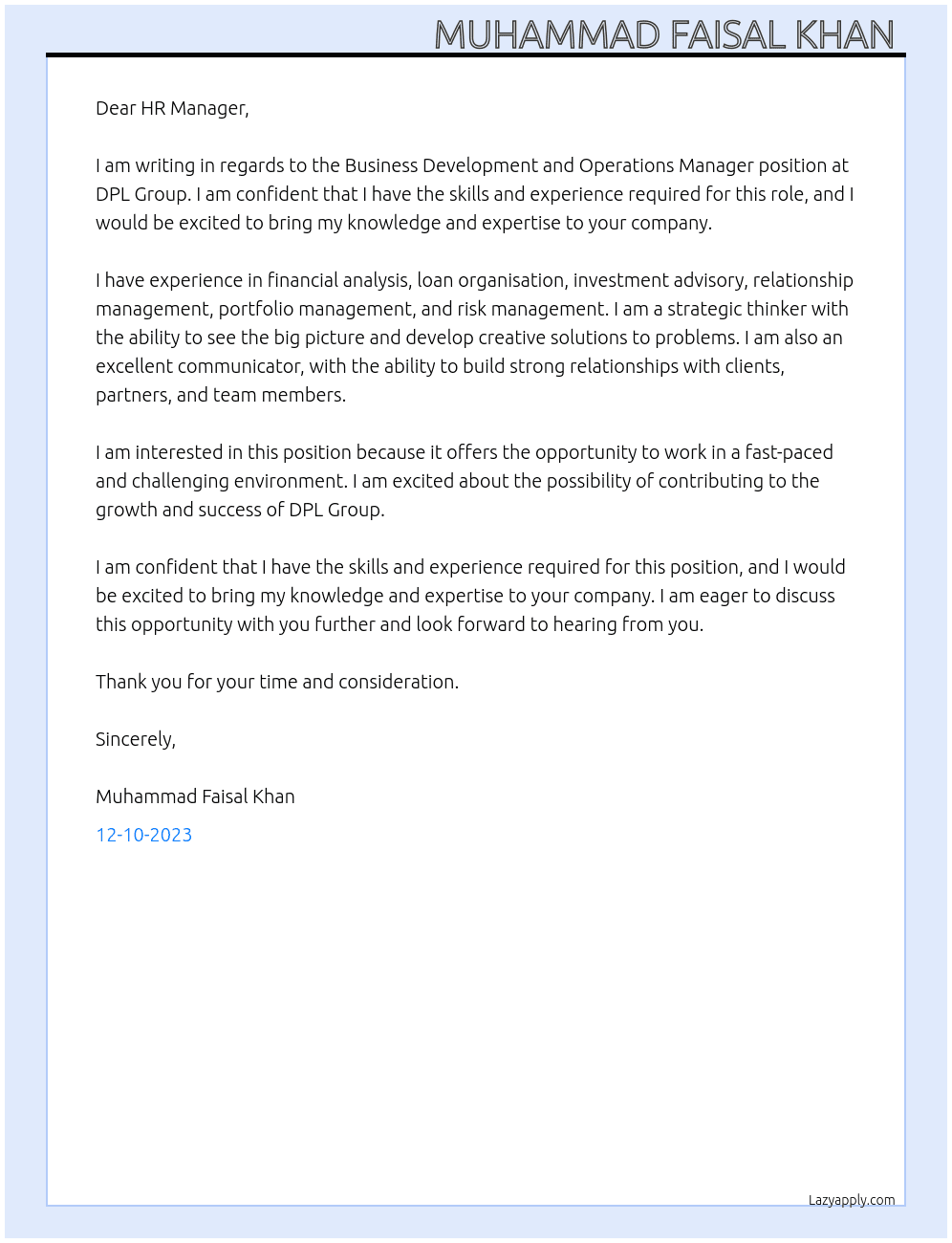 Business development and Operation Manager  At DPL Group  Cover Letter
