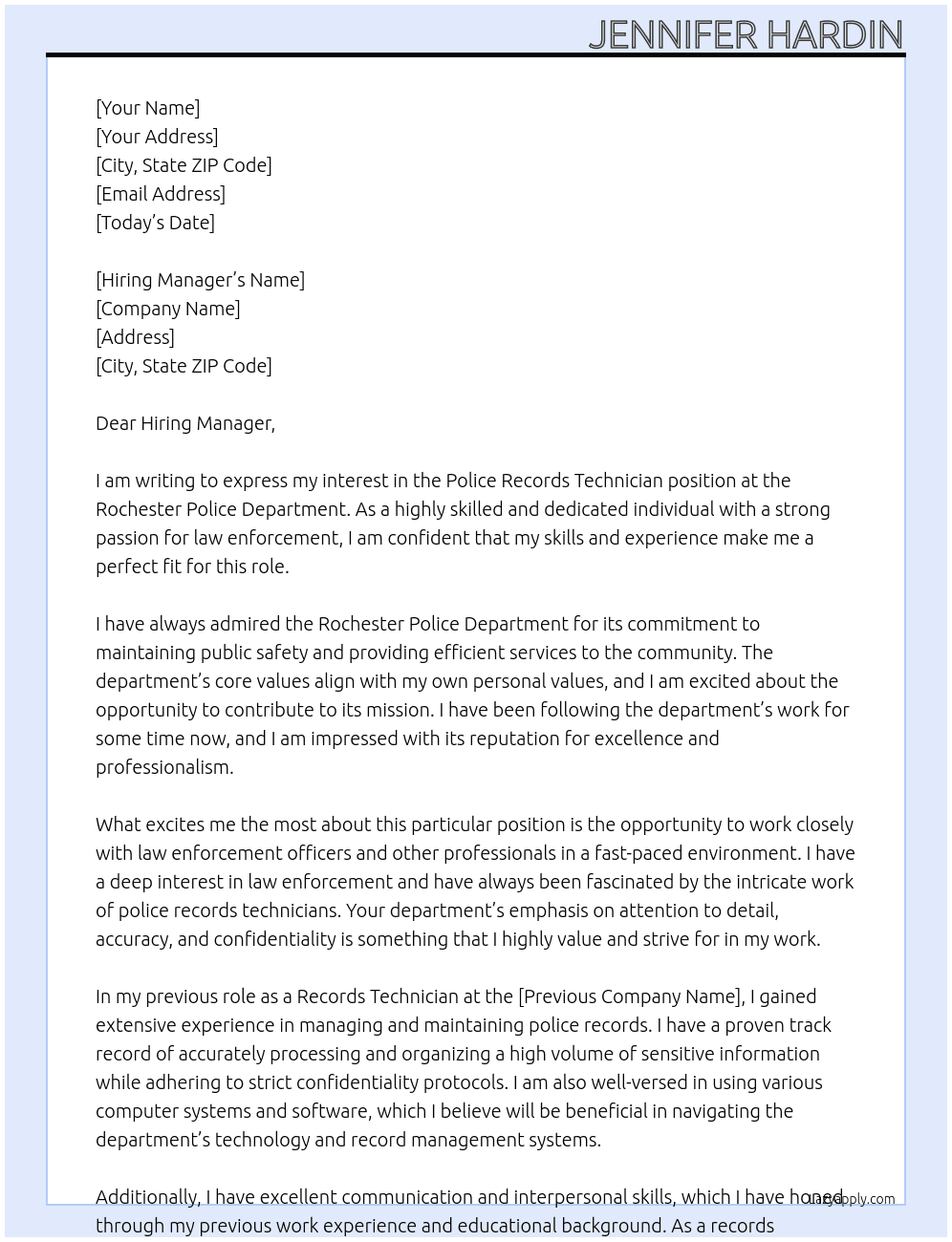 Police Records Technician At Rochester Police Department Cover Letter