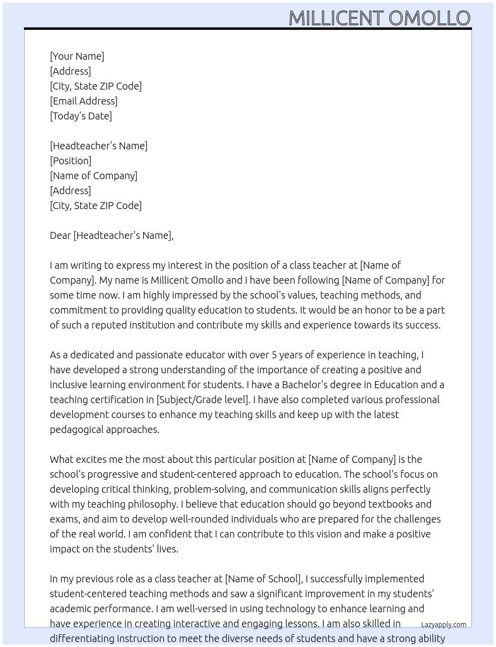 class teacher At BISR Cover Letter
