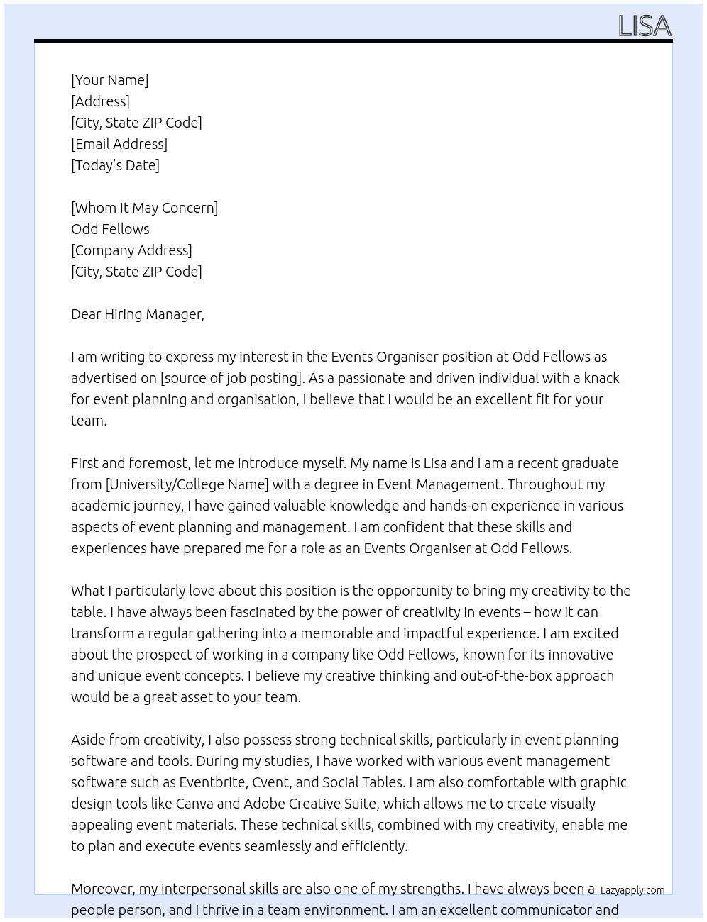 Events organiser  At Odd fellows  Cover Letter